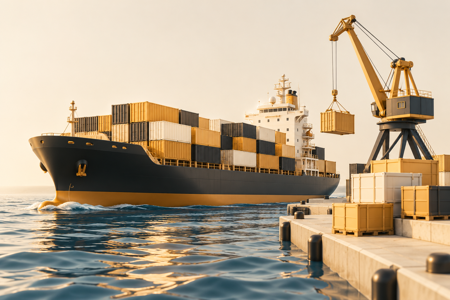 A cargo ship carrying gold and charcoal containers beside export crates and a port crane; a custom Naviran illustration.