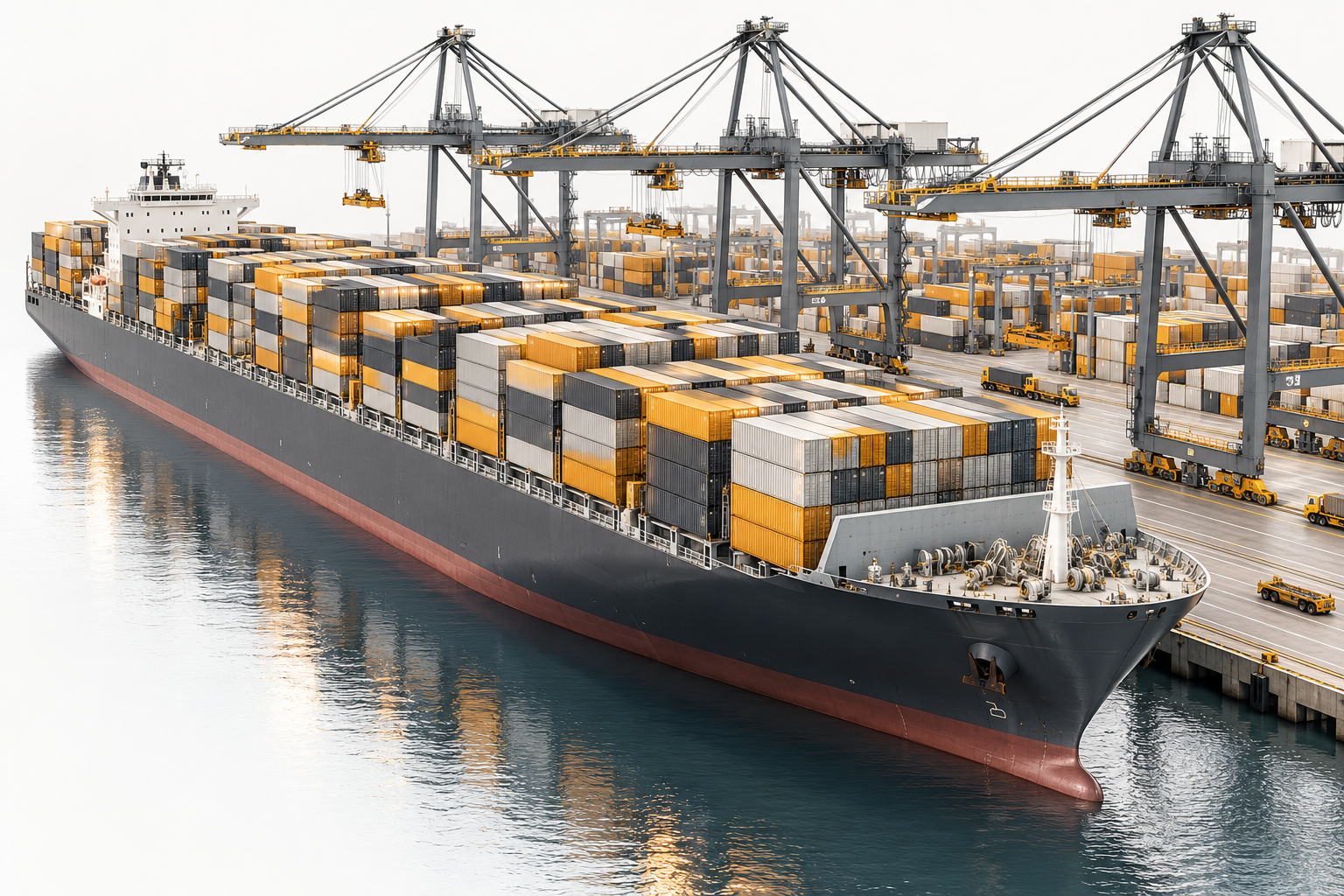 Ocean-going container ship alongside large port cranes